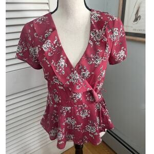 FOREVER 21 Womens Blouse Medium Red Floral Wrap Ruffle Tie Waist Fairy Grunge